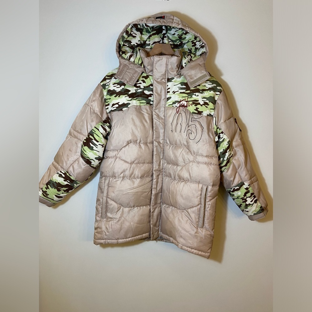 FUBU The Collection Down Puffer Coat Jacket Size 18/20 Cream Camo Hooded New